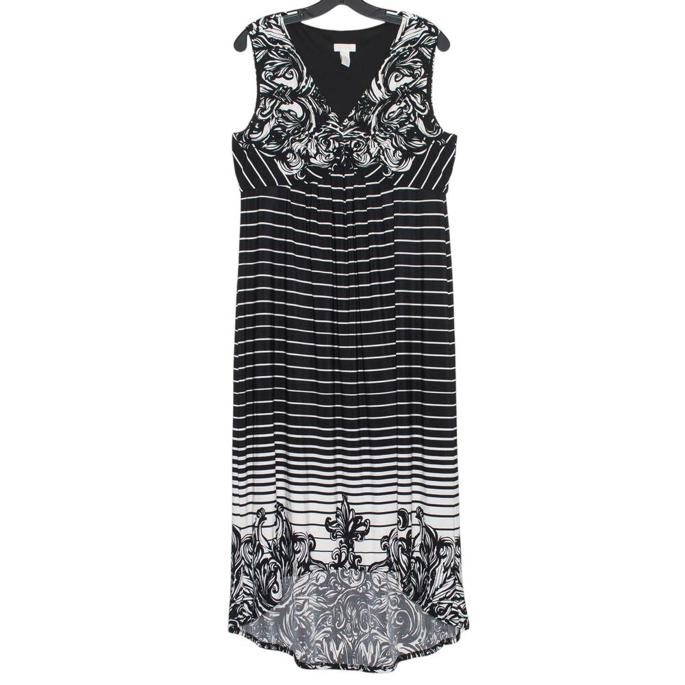Slinky Midi Dress Black White Travel Stretch Flowy High Low 2 Large 12 Chicos